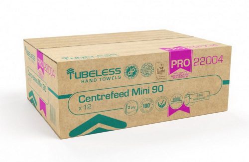 Tubeless PRO 90 Mini tekercses kéztörlő 2 rétegű, fehér, 100% cellulóz, 92m, 12 tekercs/zsugor