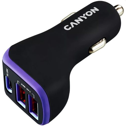 Canyon CNE-CCA08PU PD 18W USB-C/2xUSB-A fekete/lila autós töltő