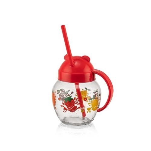 IRIS C-00373 Cute üvegbögre szívószállal 370ml, piros, zöld vagy sárga színű