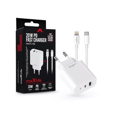 Maxlife ML738423 PD+QC 20W USB + Type-C fehér gyorstöltő adapter + Type-C/Lightning kábel