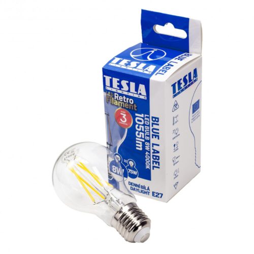 Tesla - LED FILAMENT RETRO izzó, E27, 8W, 230V, 1055lm, 4000K, 360°, clear