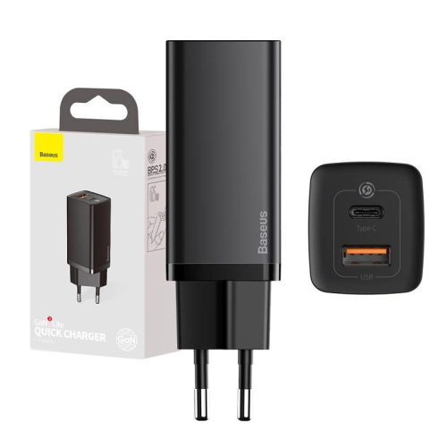 Baseus GaN2 Lite fali töltő, USB + USB-C, 65 W, EU (fekete)