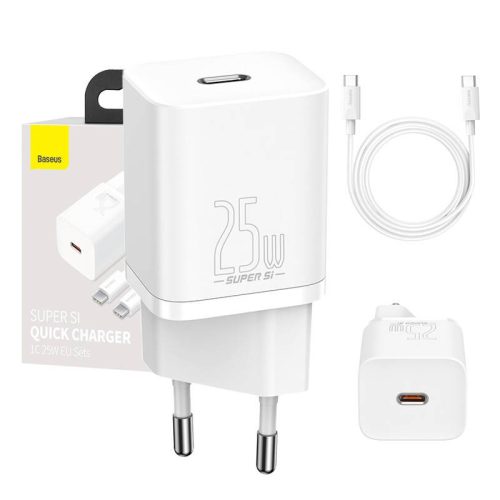 Baseus Super Si gyorstöltő 1C 25W adapter USB-C-USB-C 1 m-es kábellel (fehér)