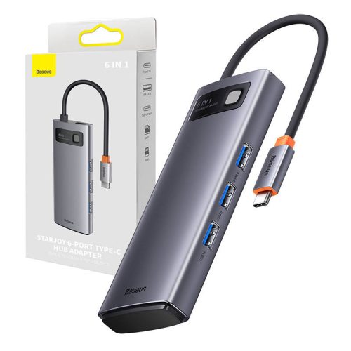 Baseus Metal Gleam Series 6 az 1-ben hub elosztó, USB-C - 3x USB 3.0 + USB-C PD +  microSD/SD