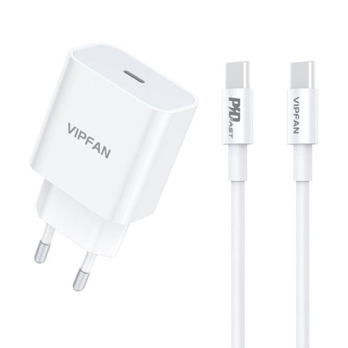 Vipfan E04 fali töltő, USB-C, 20W, QC 3.0 + USB-C kábel (fehér)