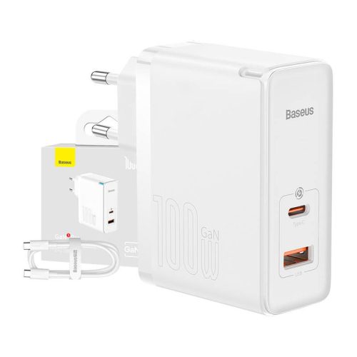 Baseus GaN5 Pro USB-C + USB fali töltő, 100W  + 1m kábel (fehér)