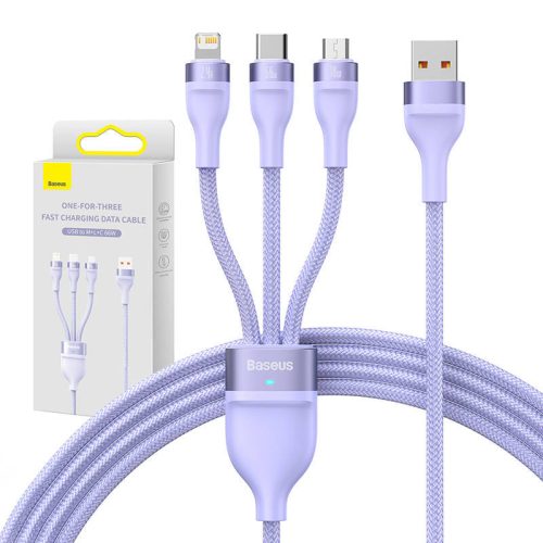 Baseus Flash II 3 az 1.ben USB töltőkábel, USB-C + micro USB + Lightning, 66W, 1.2m (lila)