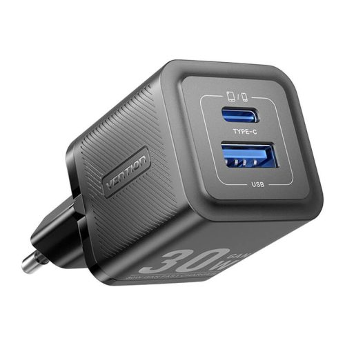 Wall charger, Vention, FEQB0-EU,  USB-C, USB- A, 30W/30W, GaN (black)