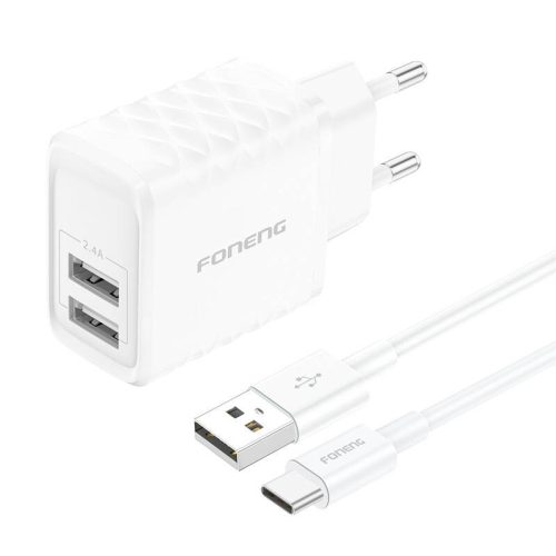 Foneng EU53 2xUSB-A, 2.4A network charger (White) + USB-C cable