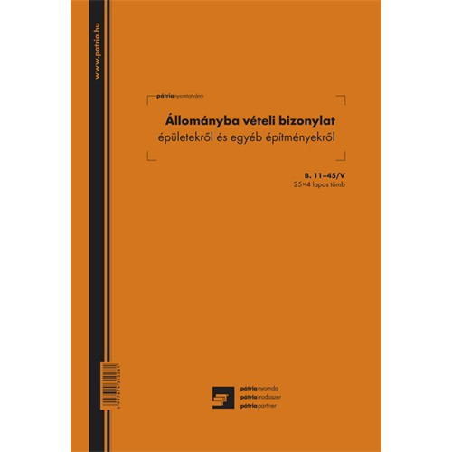 Állománybavételi bizonylat épületekről és építményekről 25x4 lapos tömb A/4 álló