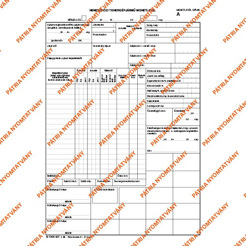 Nemzetközi tehergépjármű menetlevél szabadlap A/4 álló
