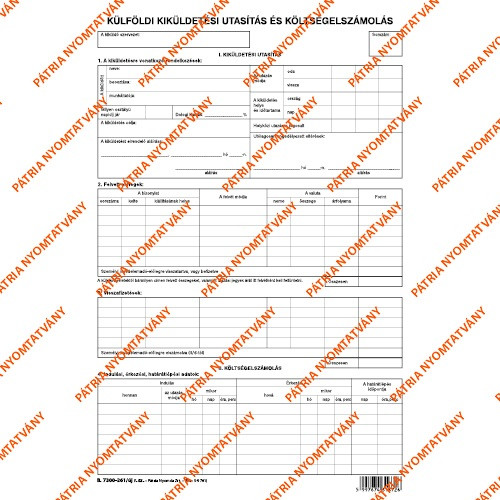 Külföldi kiküldetési utasítás és költségelszámolás szabadlap A/4 álló