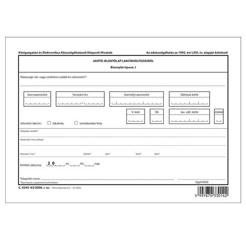 Javító jelentőlap lakcímváltozásról A/5 fekvő