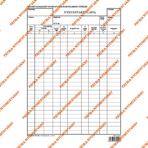 Szigorú számadású nyomtatványok munkahelyi (tételes) nyilvántartó lapja A/4 álló