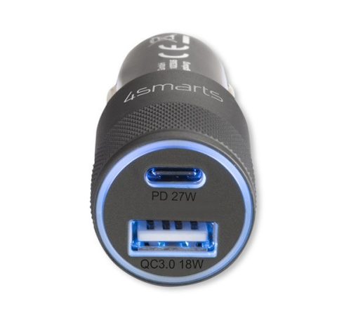 4smarts Rapid+ autós gyorstöltő, Type-C + USB, PD, 27W, szürke