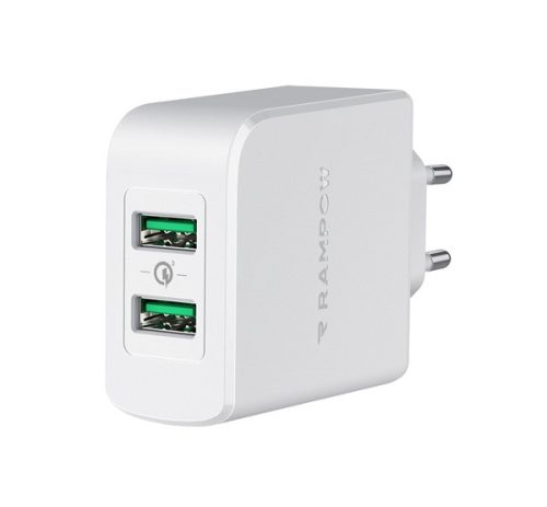 Rampow RBA16 39W hálózati gyorstöltő adapter, QC, 2X USB, fehér