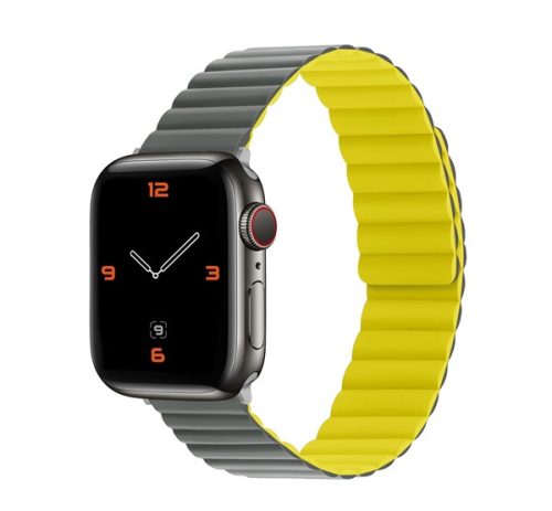 Phoner Rever Apple Watch forgatható mágneses szilikon szíj, 41/40/38mm, S/M, szürke/sárga