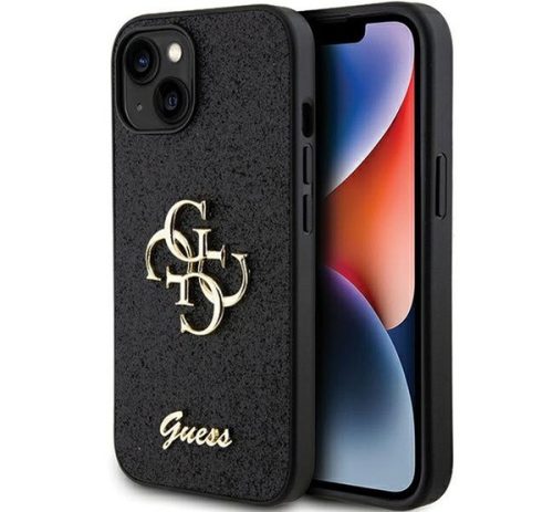 Guess Glitter Script Big 4G Apple iPhone 15 hátlap tok, fekete