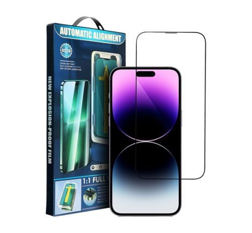 Apple iPhone 15 Pro Max, 5D Full Glue hajlított tempered glass kijelzővédő üvegfólia felhelyezőkerettel, fekete