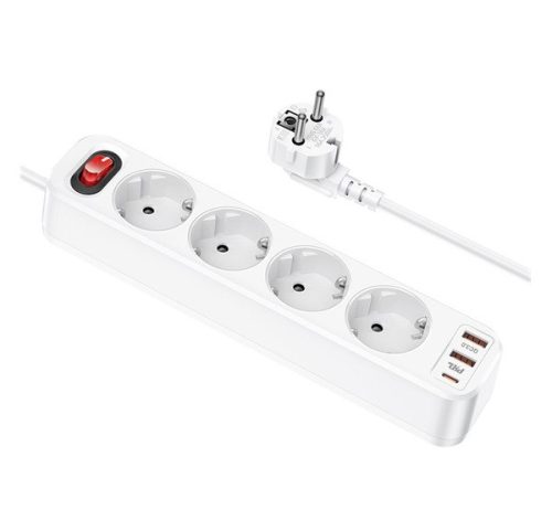 Hoco Aura NS1 power strip 4-bit kábel aljzat, ( 2 x USB QC3.0 18W + Type-C PD) 20W, fehér