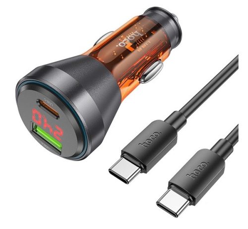 Hoco NZ12B autós töltő USB QC 18W + Type-C 30W digitális kijelzővel, Type-C kábellel, (Type-C PD48W) átlátszó/narancs