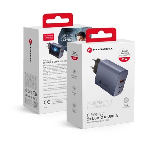 Forcell hálózati gyorstöltő, 2x USB C + USB A - 4A 65W PD + Quick Charge 4.0 funkció