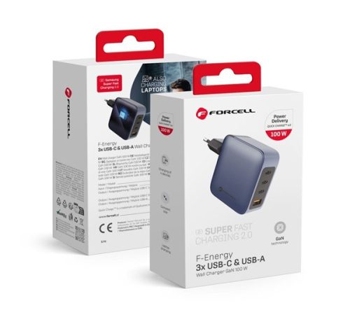 Forcell hálózati gyorstöltő, 3x USB C + USB A - 100W PD + Quick Charge 4.0 funkció