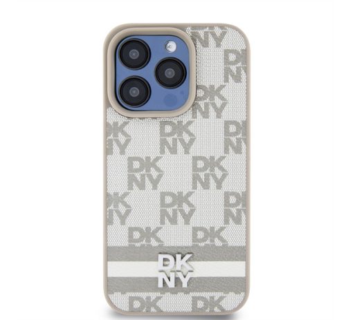 DKNY PU Leather Checkered Pattern and Stripe Apple Iphone 15 Pro tok, bézs