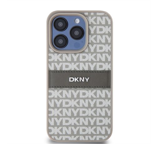 DKNY PU Leather Repeat Pattern Tonal Stripe iPhone 15 Pro hátlap tok, bézs