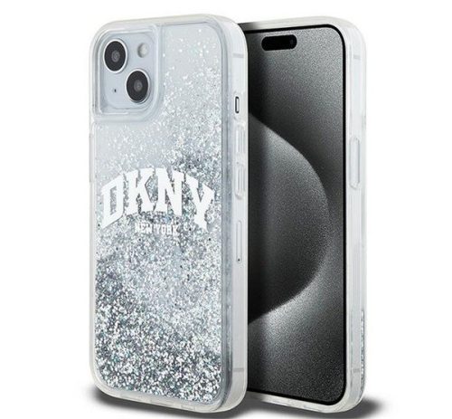 DKNY Liquid Glitter Arch Logo iPhone 15 hátlap tok, átlátszó