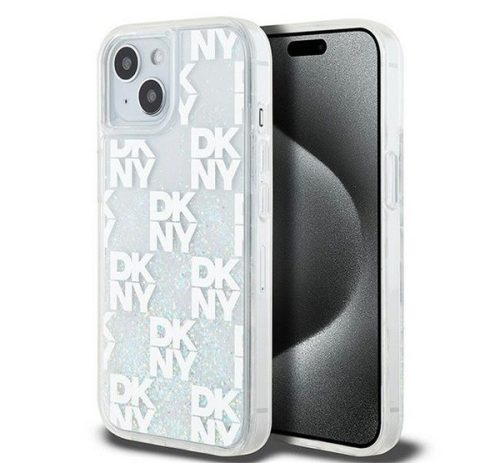 DKNY Liquid Glitter Checkered Pattern iPhone 15 hátlap tok, átlátszó