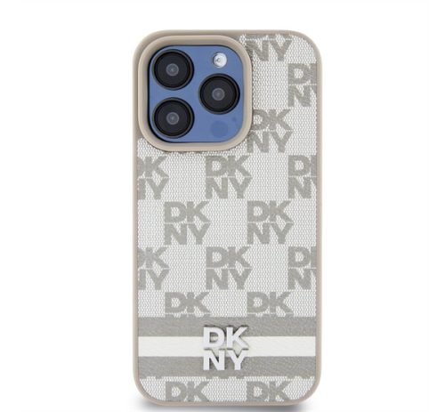 DKNY PU Leather Checkered Pattern and Stripe iPhone 12/12 Pro hátlap tok, bézs