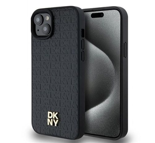 DKNY PU Leather Repeat Pattern Stack Logo Apple iPhone 15 Magsafe kompatibilis hátlap tok, fekete