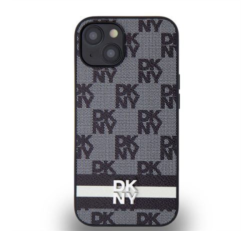 DKNY PU Leather Checkered Pattern and Stripe Apple iPhone 14 hátlap tok, fekete