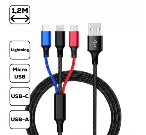 3-in-1 töltőkábel,micro USB+Type-c+lightning,1.2 m