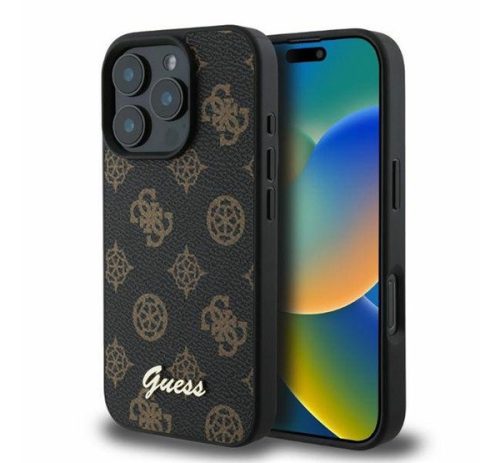 Guess Peony Script Apple iPhone 16 Pro MagSafe kompatibilis hátlap tok, fekete/barna GUHMP16LPGPYSK