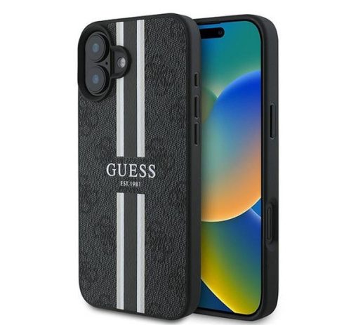 Guess 4G Printed Stripes MagSafe Apple iPhone 16 Plus hátlap tok, fekete/barna GUHMP16MP4RPSK