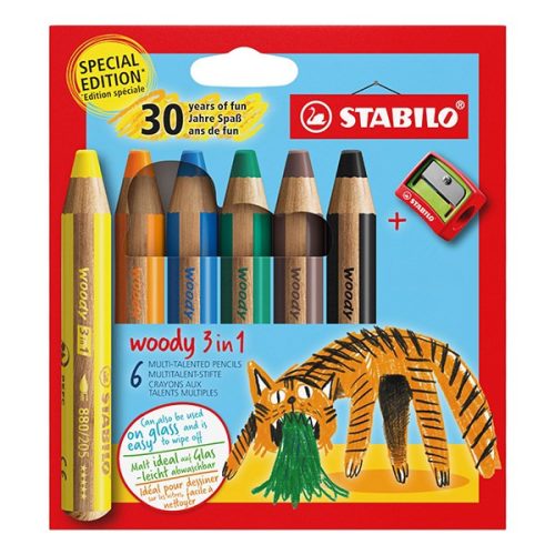 Színes ceruza STABILO Woody Tiger 3in1 hengeres vastag hegyezővel 6 darabos