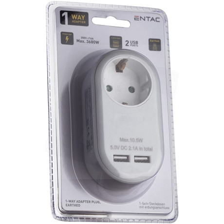 Entac HÁLÓZATI ADAPTER 1 FÖLDELT ALJZAT ÉS 2 USB (ÖSSZ. 2.1A) FEHÉR EPAG-1EE-2USB-W