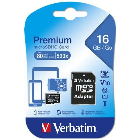 Verbatim MEMÓRIAKÁRTYA, MICROSDHC, 16GB, CL10/U1, 45/10 MB/S, ADAPTER 44082